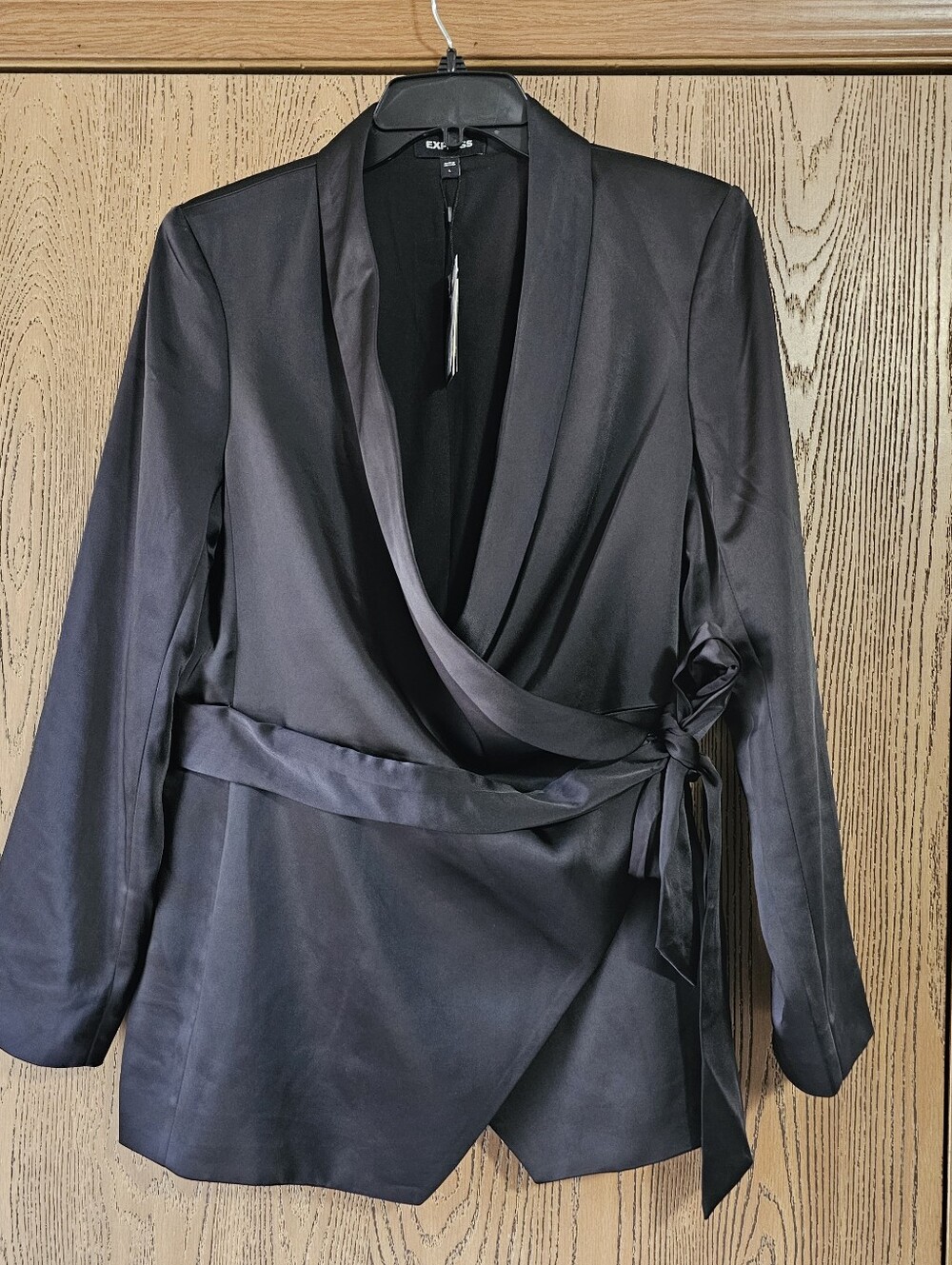 Express Black Satin Wrap Blazer with Side Tie